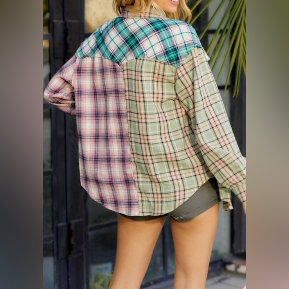 Pol, Patchwork Flannel Button Down Shirt, Size Me… - image 2
